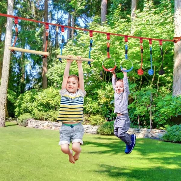 Rootz Ninja Slackline-klättringsset - 30 delar - 10m rep för barn 3-6 år - Blå + Svart + Röd - 1000cm x 40cm x 100cm