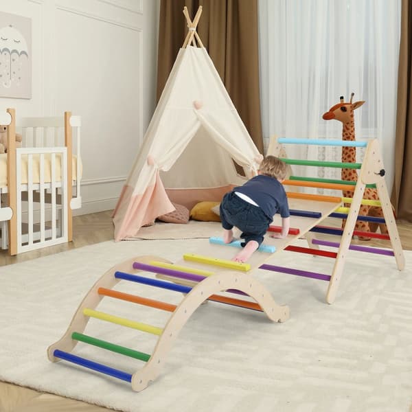 Wood Kids Klatrestativ, 3-i-1 Design, Sikker og Naturlige Materialer, Anbefalet til Børn i Alderen 3-7