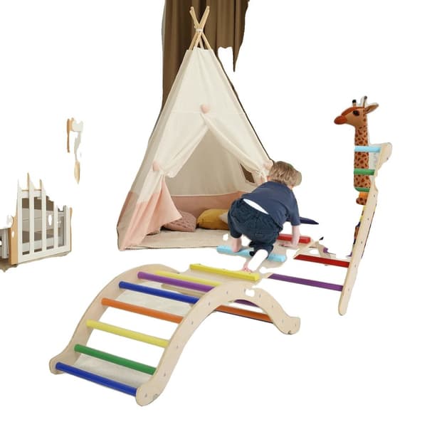 Wood Kids Klatrestativ, 3-i-1 Design, Sikker og Naturlige Materialer, Anbefalet til Børn i Alderen 3-7