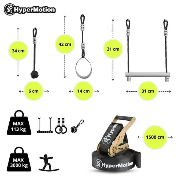 Ninja forhindringsbane til børn – HyperMotion Slackline sæt med 10 forhindringer, klatrestige, gynge, op til 113 kg