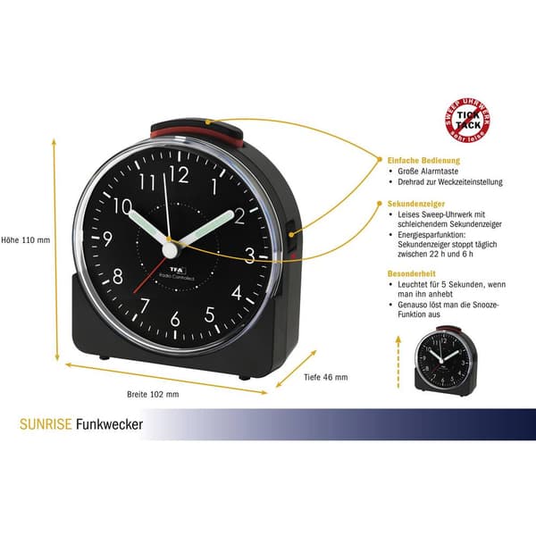 TFA Dostmann 60.1513.01 DCF Väckarklocka Svart Flourescerande Visare