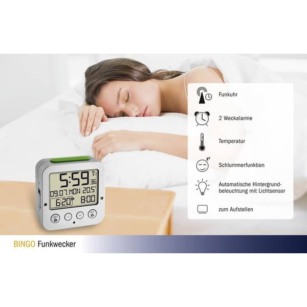 TFA Dostmann 60.2528.54 DCF Väckarklocka Silver Larmtider 2