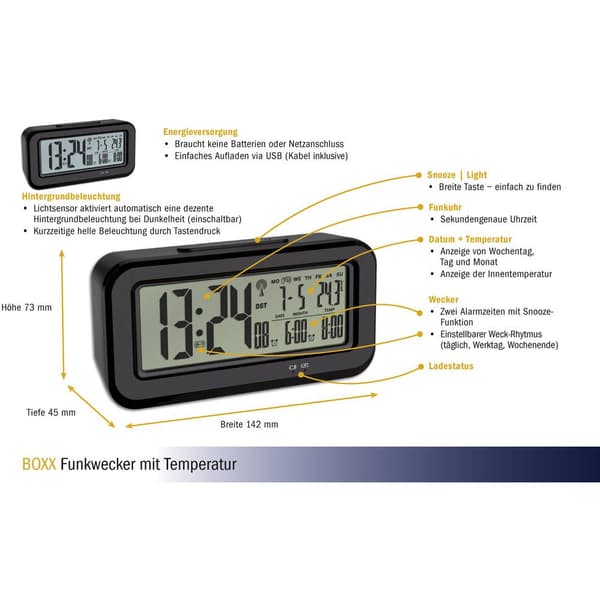 TFA Dostmann 60.2554.01 DCF Väckarklocka Svart Larmtider 2 Stor display