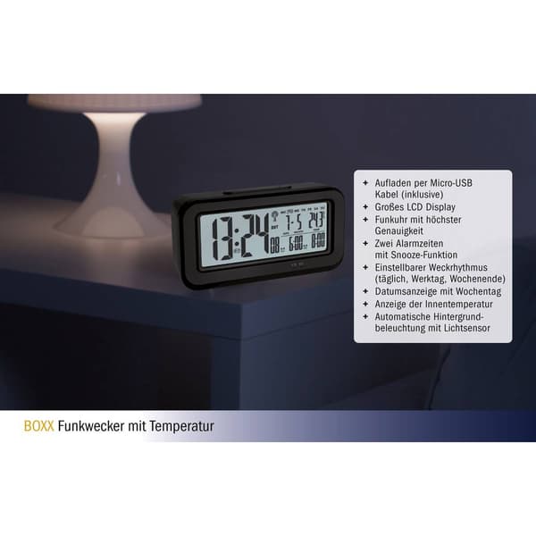 TFA Dostmann 60.2554.01 DCF Väckarklocka Svart Larmtider 2 Stor display