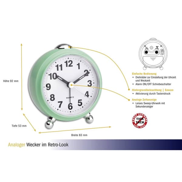 TFA Dostmann 60.1030.04 Kvarts Väckarklocka Mint Larmtider 1
