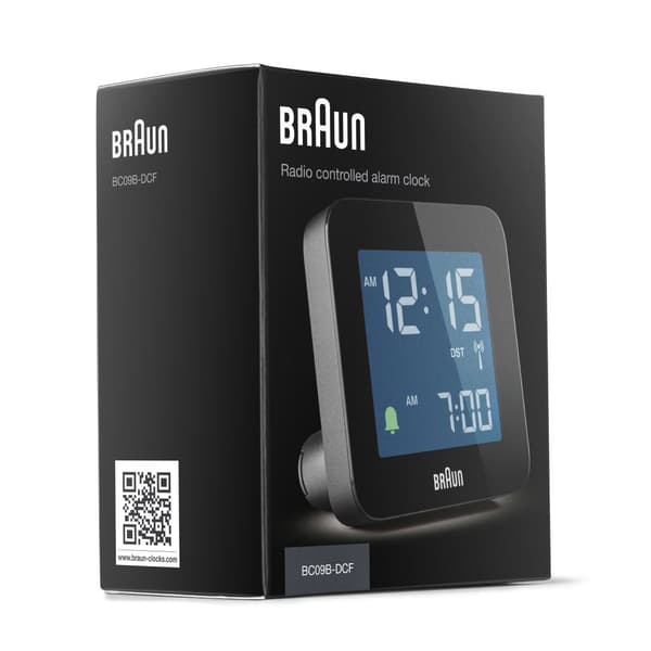 Braun radiokontrollert lettbetjent sort digital vekkerklokke BC09B-DCF