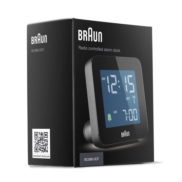 Braun radiokontrollert lettbetjent sort digital vekkerklokke BC09B-DCF