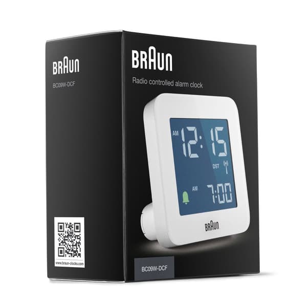 Braun radiokontrollert lettbetjent hvit digital vekkerklokke BC09W-DCF