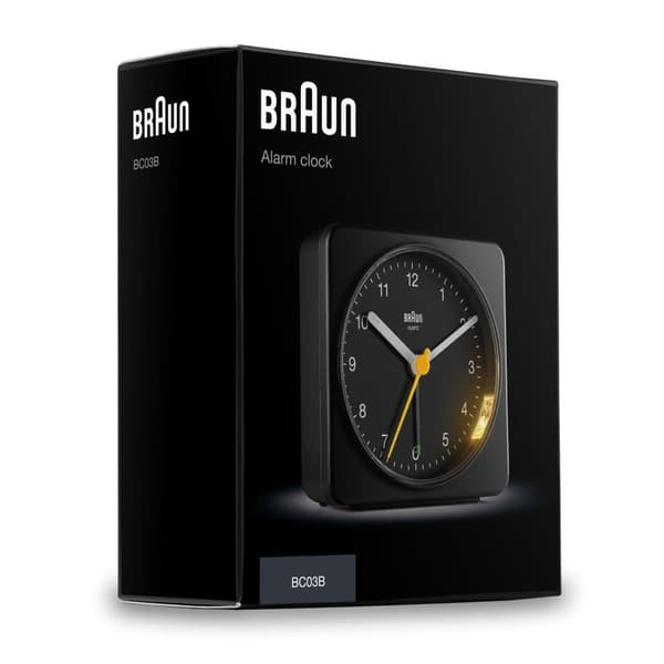 Braun vekkerklokke uten tikking. Sort med lys BC03B