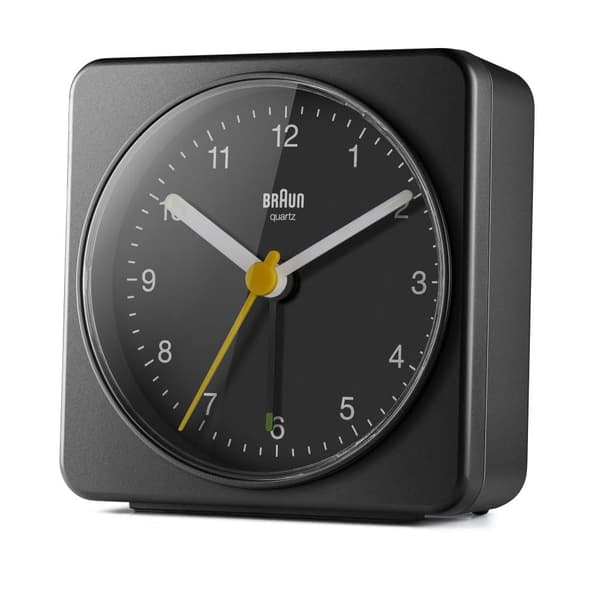 Braun vekkerklokke uten tikking. Sort med lys BC03B