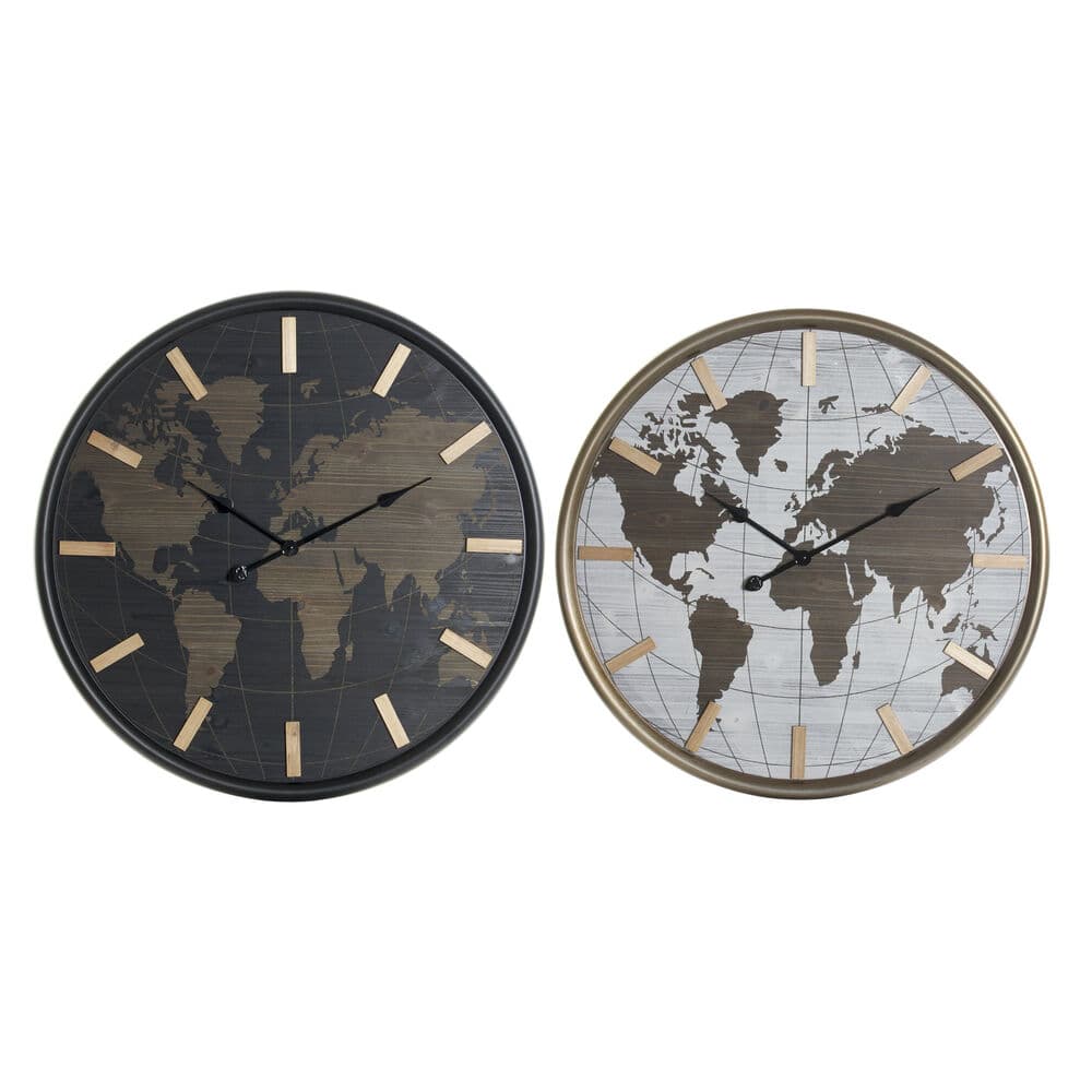 Väggklocka DKD Home Decor Svart Brun Järn Trä MDF Världskarta (2 pcs) (75 x 4 x 75 cm)
