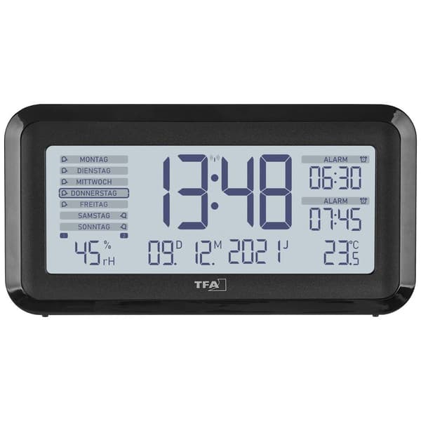 TFA Dostmann 60.2562.01 DCF Väckarklocka Svart, Silver Larmtider 2 Stor display
