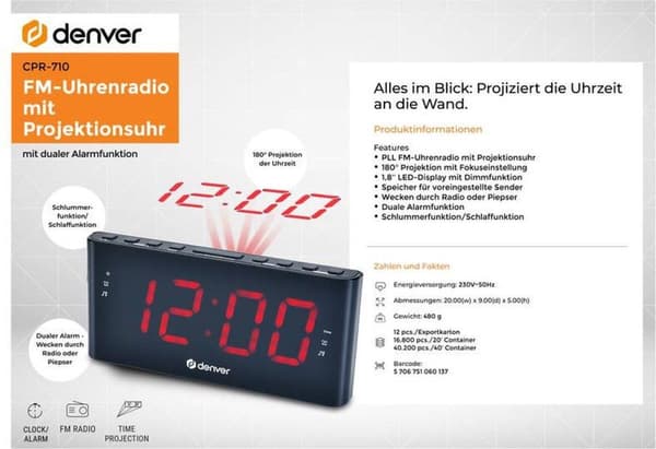 Denver CRP-710 - FM-klockradio - 180 graders tidsprojektion - 2 larmtider