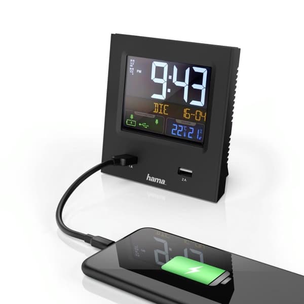 Hama Radiostyrd väckarklocka Dubbel USB med LED-färgskärm och USB-laddningsfunktion