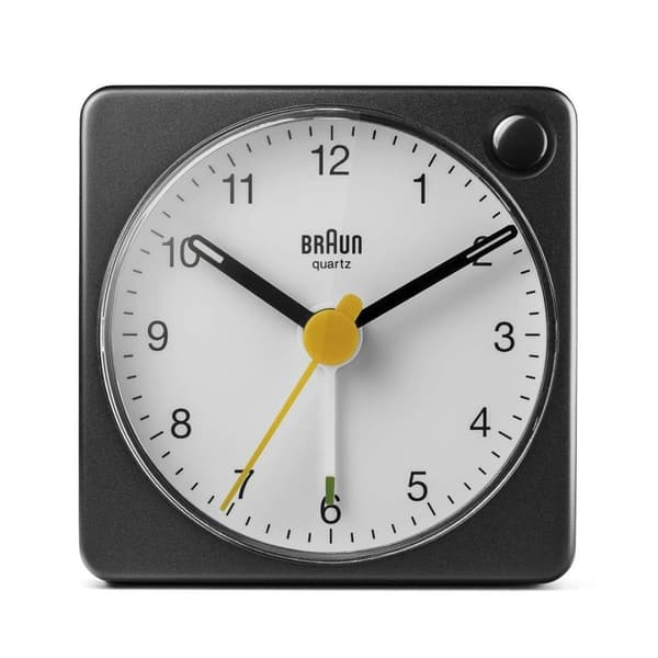 Braun BC02XBW Klassisk analogt kvarts rejsevækkeur i sort / hvid / Handy / Snooze-funktion og lysfunktion / Stille præcisionskvartsbevægelse (seneste