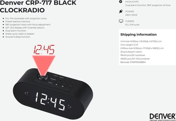 Denver CRP-717 - Clockradio med projektion - Sort