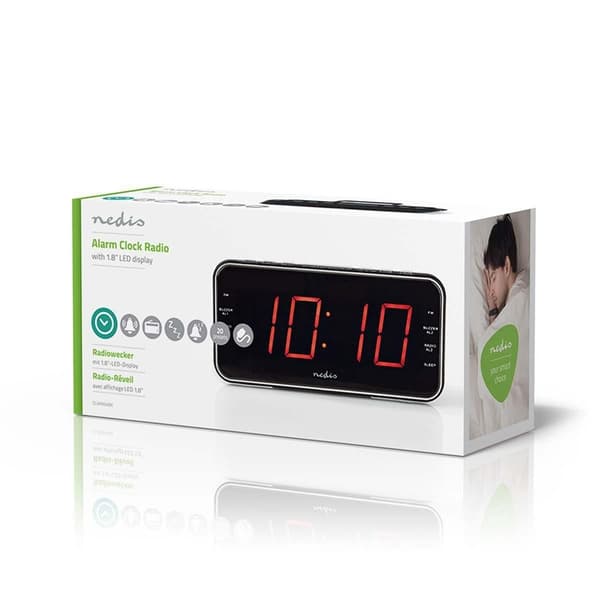 Nedis Digital vækkeur Radio | LED Display | 1x 3.5 mm Audio Input | Tidsprojektion | AM / FM | Snooze funktion | Sleep timer | Antal alarmer: 2 | Sort