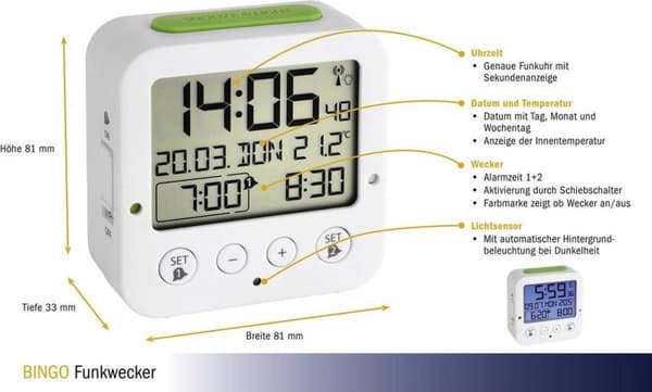 Tfa "Bingo" radiovækkeur (L x B) 81, 33 mm, mm x 81 mm hvid, grøn (60.2528.02)