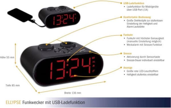 TFA 60.2551.01 radiovækkeur sort alarm gange 1 (60.2551.01)