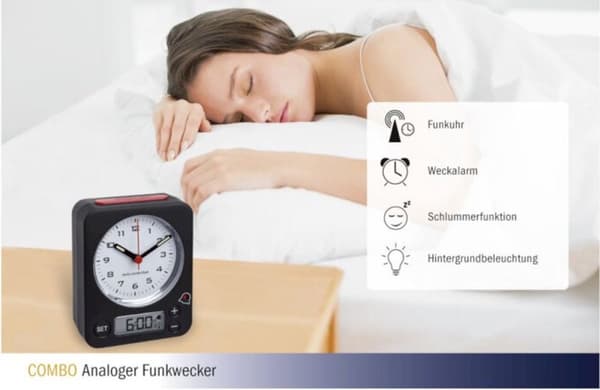TFA 60.1511.01.05 - Vækkeur - Analog - Tal - Digital alarmindstilling - Radiostyret tidsvisning - Snooze - Baggrundslys - Sort