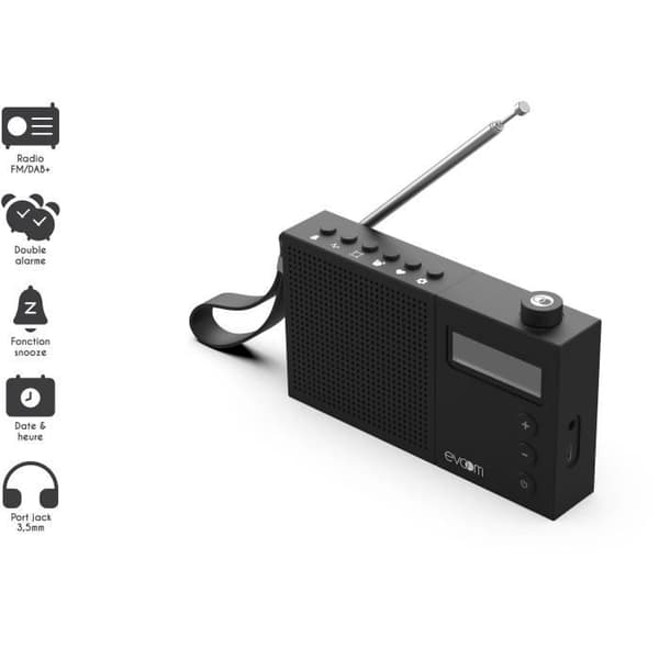 EVOOM EGY Svart klockradio - FM och DAB+ radio - Batteri Batterier/USB - 2 larm