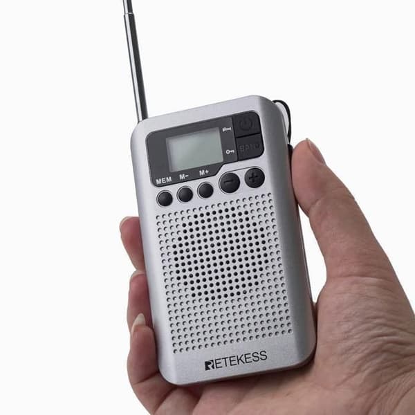 Retekess TR106 Mini Portable Radio, AM FM Pocket Radio, med Sleep Timer, Låsknapp, Högtalare (Silver)