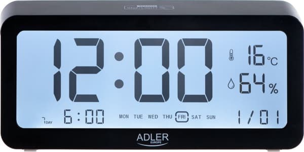 Adler 1195b - vækkeur med batteri - sort