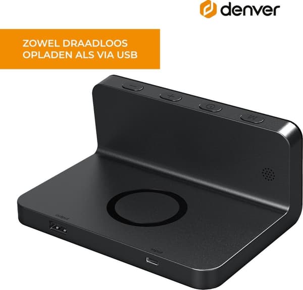 Denver digitalt vækkeur med trådløs oplader - Alarm - Lysdæmper - ECQ103 - Sort
