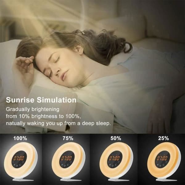 Sunrise Light Väckarklocka och FM-radio med 6 naturliga ljud/7 färger/10 ljusstyrkanivåer - Snooze funktion väckarklocka
