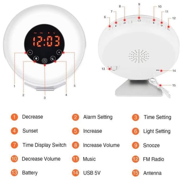 "Réveil Sunrise - POPSPO - Digital väckarklocka med ljus - Simulering av gryning och skymning - Snooze-funktion"