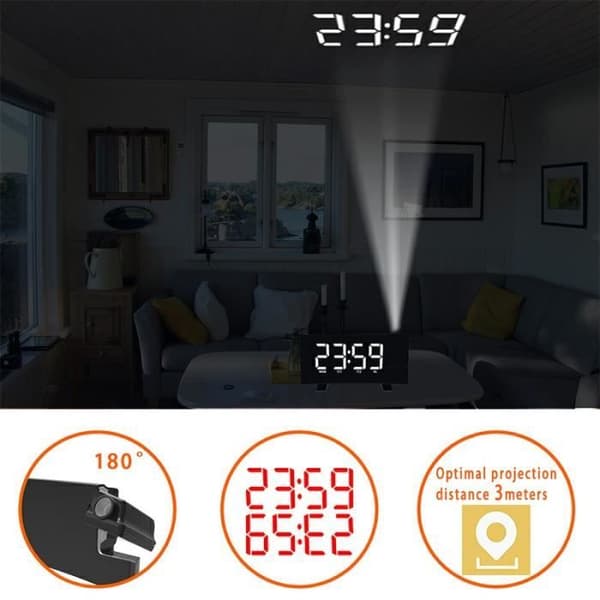 Radioprojektionsväckarklocka, projektorväckarklocka 180° Justerbar ljusstyrka Digital klocka Stora siffror 12/24H Snooze FM Ny 2021