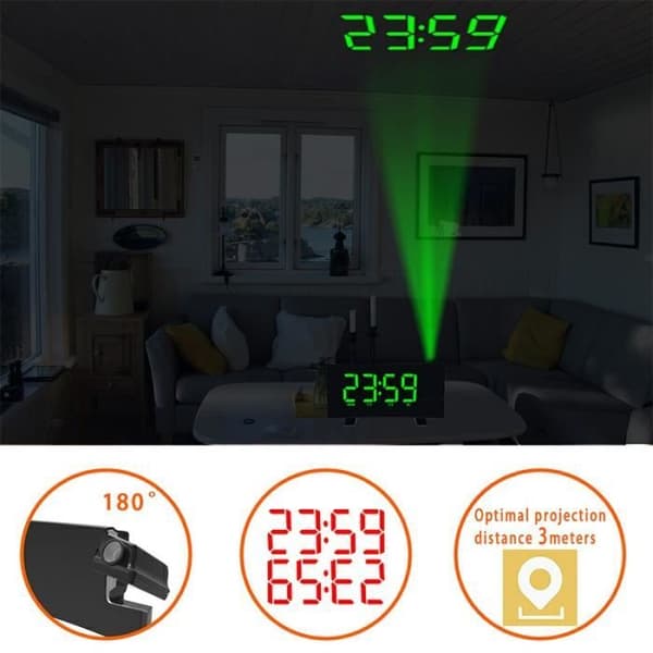 Radioprojektionsväckarklocka, projektorväckarklocka 180° Justerbar ljusstyrka Digital klocka Stora siffror 12/24H Snooze FM Ny 2021