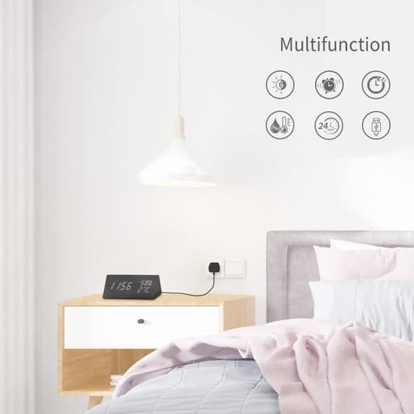 Digital LED-väckarklocka i trä med tid, datum, temperaturdisplay, röststyrning, justerbar ljusstyrka Yolistar