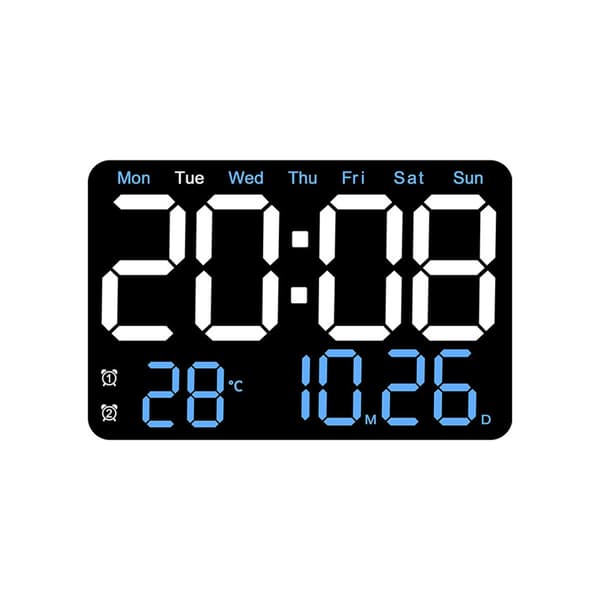 Digitaalinen pöytäkello, jossa on suuret LED-numerot ja monitoiminäyttö