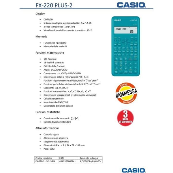Kalkylator - Casio - Fx-220 Plus-2 - 10 siffror - Visning 2 rader - Blå