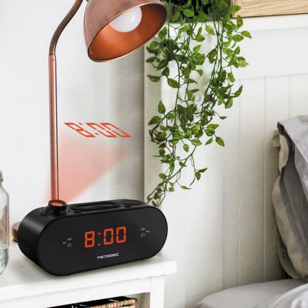 METRONIC FM klockradio - Dubbelt larm - Projektion - Monokrom LED - Svart