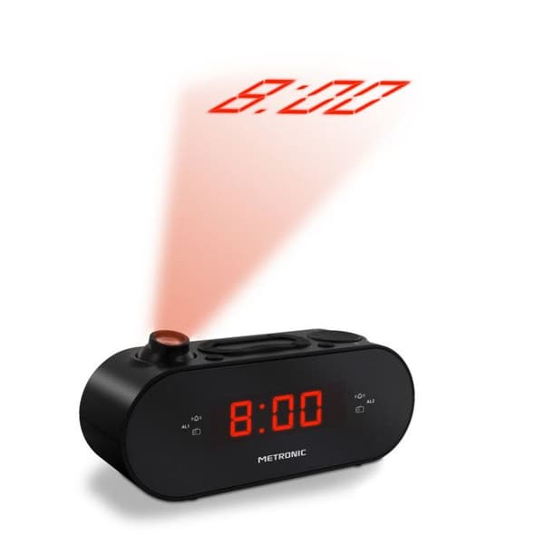 METRONIC FM klockradio - Dubbelt larm - Projektion - Monokrom LED - Svart