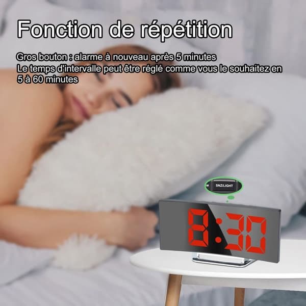 Digital väckarklocka - Ej specificerat - 7'' LED Spegel - 2 ljusstyrkor - USB-laddning - Batteri strömförsörjning