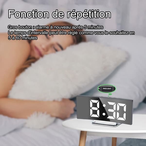 Digital väckarklocka - Vit - 7'' LED-spegel - 2 ljusstyrkanivåer - USB-laddning - Snooze-funktion