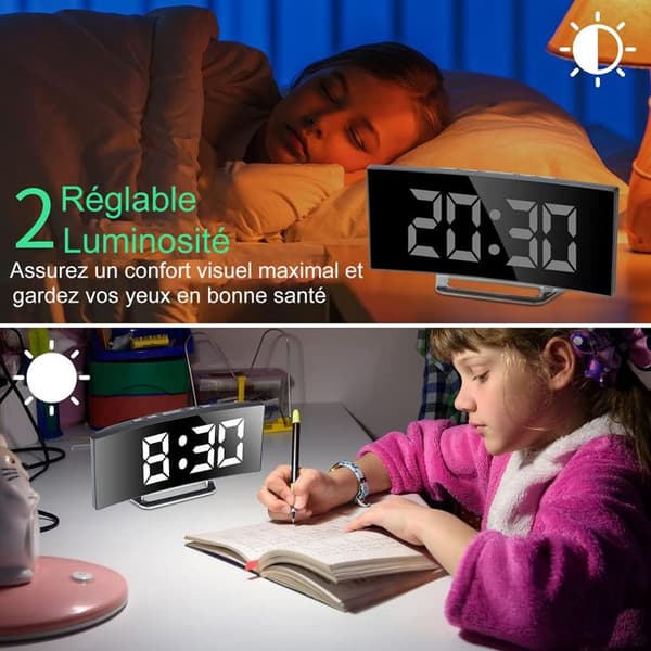 Digital väckarklocka - Vit - 7'' LED-spegel - 2 ljusstyrkanivåer - USB-laddning - Snooze-funktion