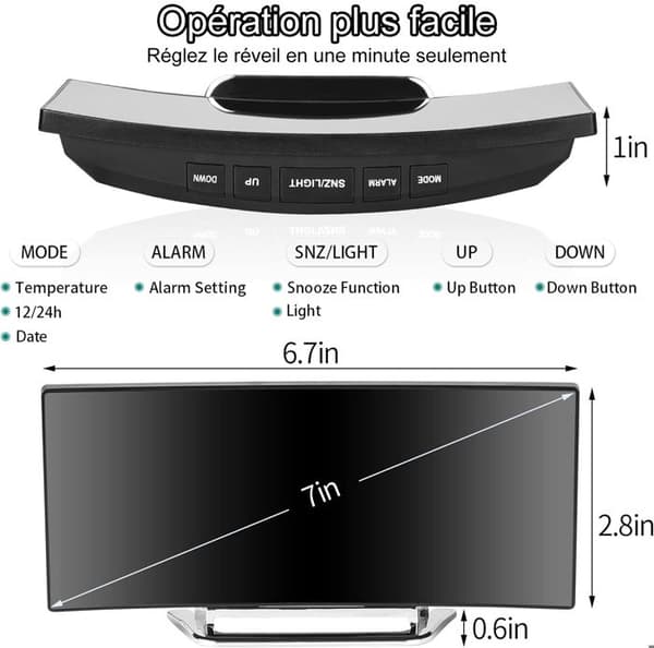 Digital väckarklocka - Vit - 7'' LED-spegel - 2 ljusstyrkanivåer - USB-laddning - Snooze-funktion