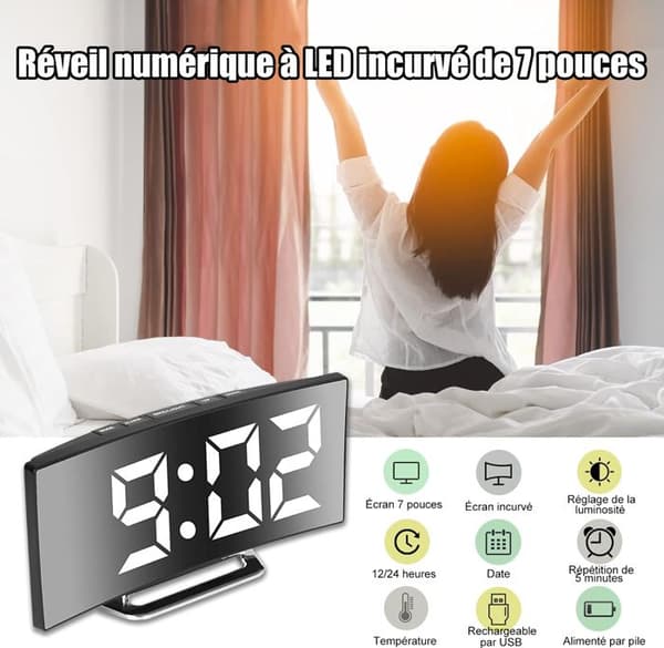 Digital väckarklocka - Vit - 7'' LED-spegel - 2 ljusstyrkanivåer - USB-laddning - Snooze-funktion