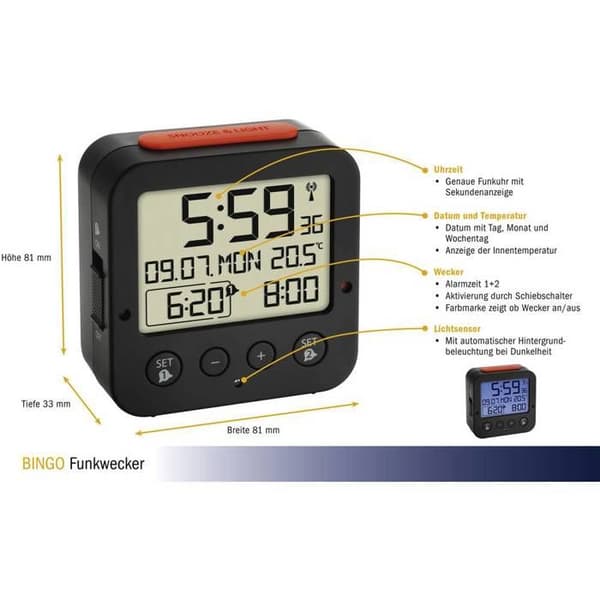 Klockradio - TFA - Bingo - Svart - 81 mm x 81 mm - Progressivt larm