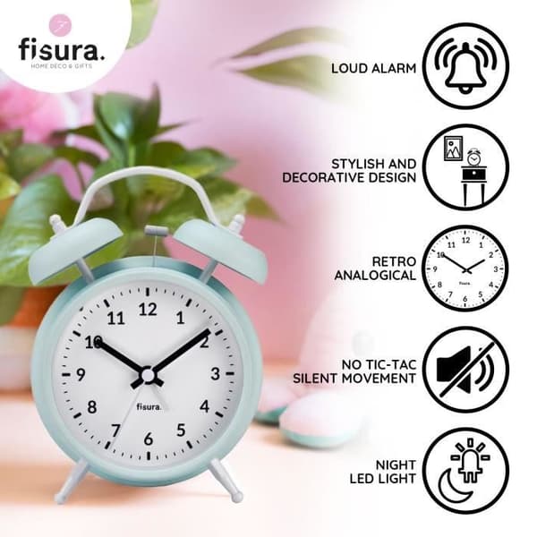 Analog väckarklocka - FISURA - Mint - Tyst - LED - Metall och ABS
