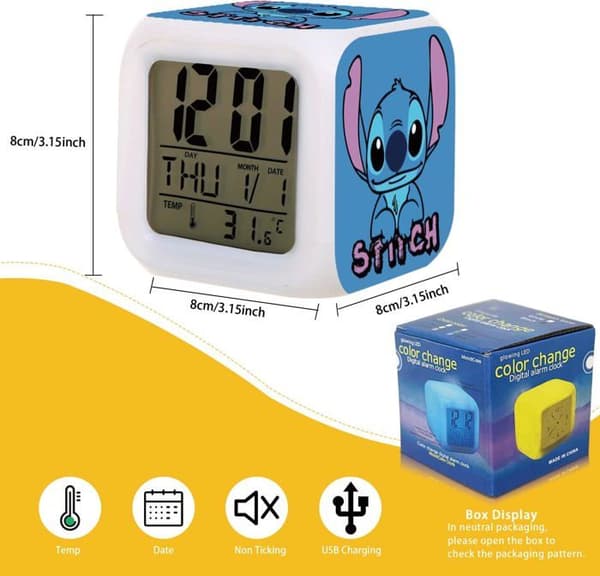Stitch digital väckarklocka med temperatur, LED-nattljus, smart väckarklocka med laddningskabel, tonåringar, blå