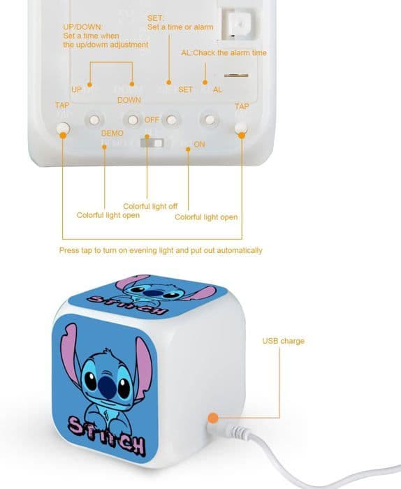 Stitch digital väckarklocka med temperatur, LED-nattljus, smart väckarklocka med laddningskabel, tonåringar, blå