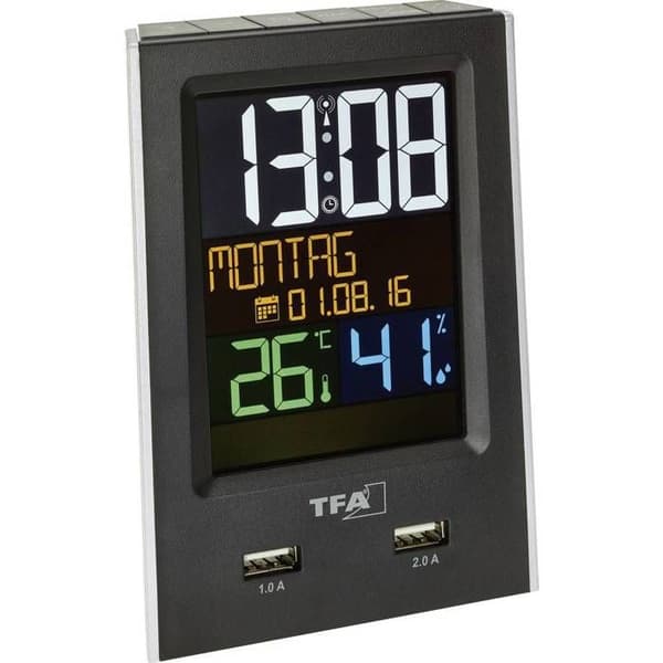 TFA 60.2537.01 Klockradio med laddningsfunktion färgskärm 2 USB-portar
