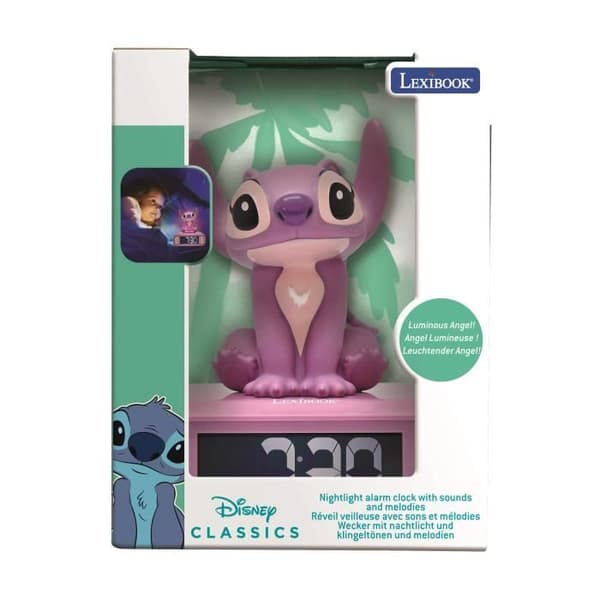 Väckarklocka nattlampa Angel, Ljud och melodier, Bakgrundsbelyst LCD-skärm, Luminös, Disney Stitch, Rosa, Lexibook, RL800D1