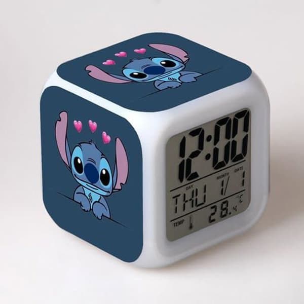 Stitch Digital väckarklocka med temperatur Stor LED-nattljus väckarklocka med laddningskabel, färgglad LED digital väckarklocka