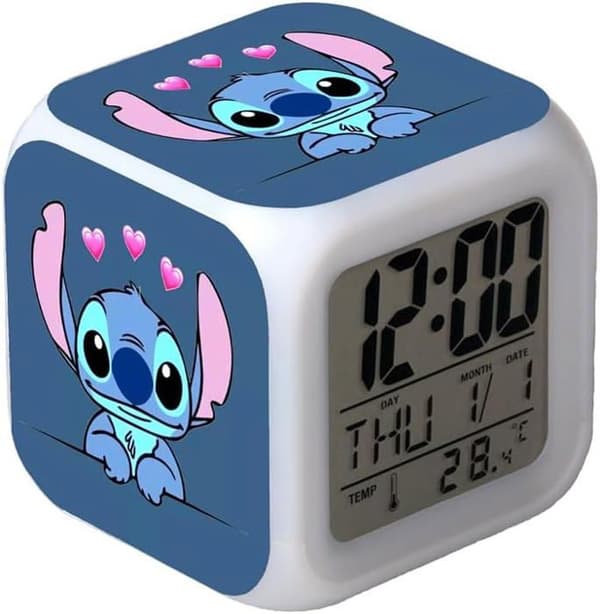 Stitch Digital väckarklocka med temperatur Stor LED-nattljus väckarklocka med laddningskabel, färgglad LED digital väckarklocka